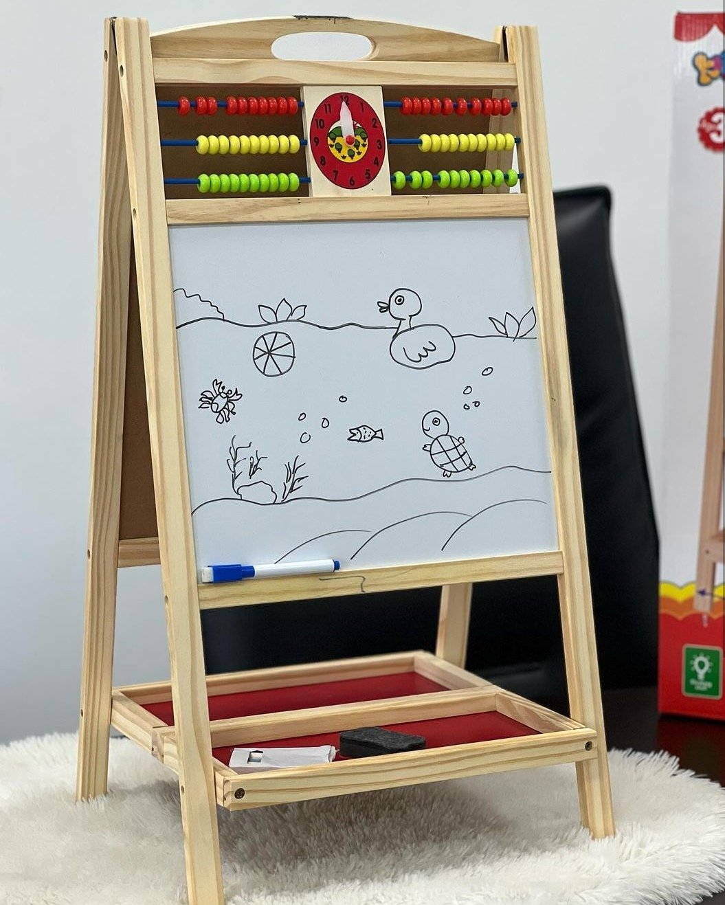 KIDS DOUBLE SIDED MAGNETIC LEARNING AND DRAWING BOARD EASEL WITH ABACUS & CLOCK